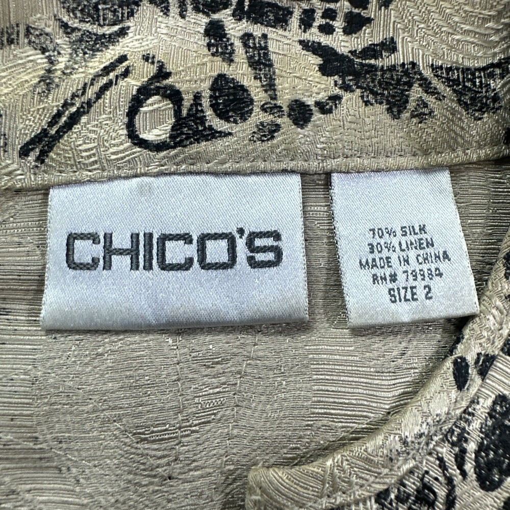 Chicos Silk Linen Open Front Jacket Size 2 Large Beige Black Abstract Floral Art - Picture 4 of 10
